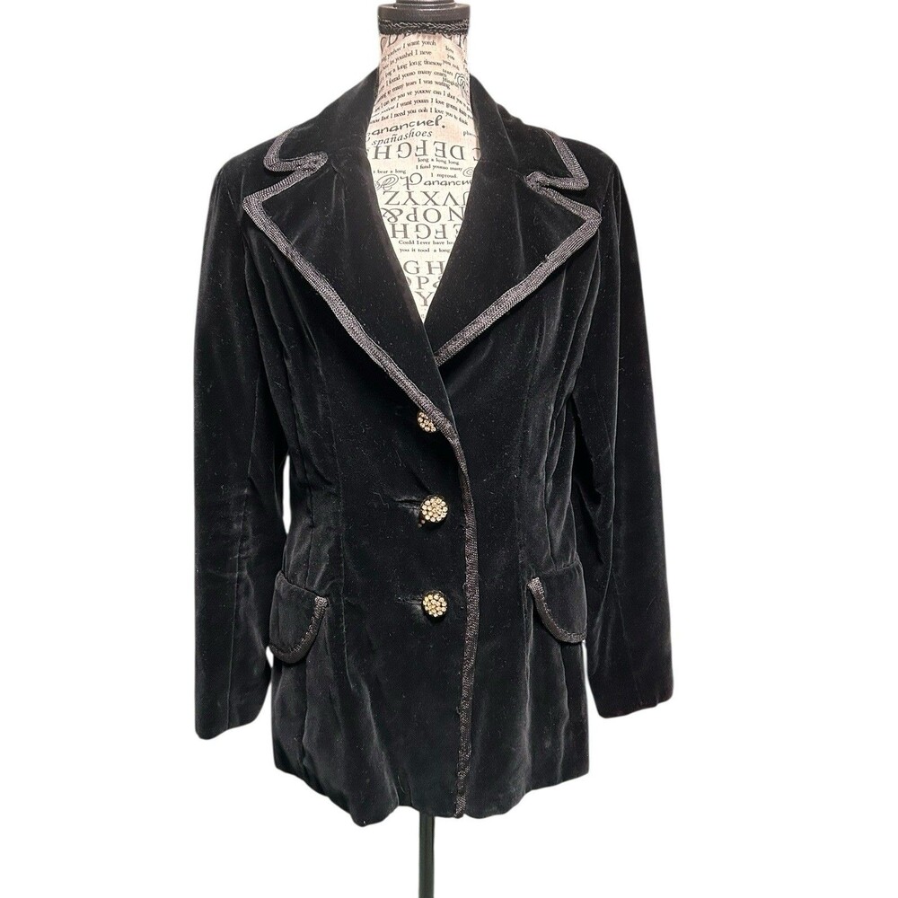 Women’s Velvet Black Blazer Gold Buttons Silk Rayon Blend L/XL PtP Is 18 Inches